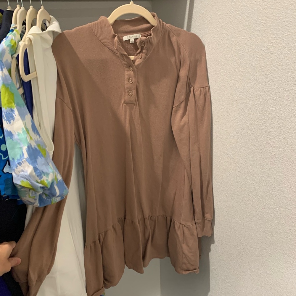 Z Supply Tan Ruffle Long Sleeve Dress
